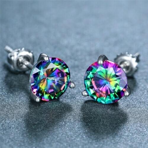 925 Sterling Silver 3 Prong Round Stone Screw Back Earrings For Women Wedding Jewelry Mystic Rainbow Lab Diamond Stud Earrings
