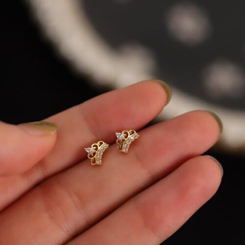 925 Sterling Silver Court Style Simple Inlaid Crystal Crown Stud Earrings Women Classic Vintage Party Dress Up Jewelry Gift