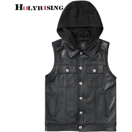 Cowhide leather vest men hooded turn collar sleeveless waistcoat veste en cuir homme size 5xl single-breasted moto vests 19751