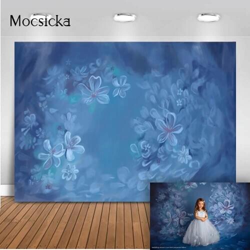 Abstract Texture Blue Floral Photo Background White Flowers Backdrop for Photography Studio Children Portrait Photo Booth Prop