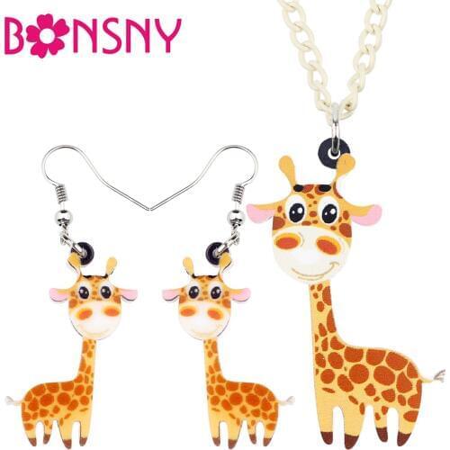 Bonsny Acrylic Giraffe Jewelry Sets Earrings Drop Dangle Necklace Pendant Cute Wild Novelty Animal Gift For Women Girl Statement