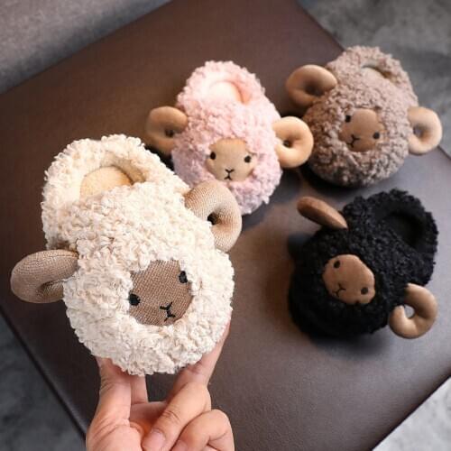 Childrens Cotton Slippers Baby Girl Indoor Home Non-Slip Cute Sheep Plus Fluff Slippers Cotton-Padded Shoes Fluffy Slippers