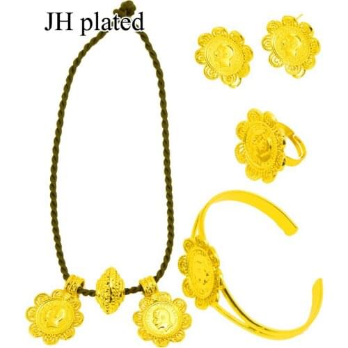 JHplated Ethiopian Coin Sets Jewelry Necklace Earrings Ring Gold Color Eritrea African Bridal Wedding Gift for Women