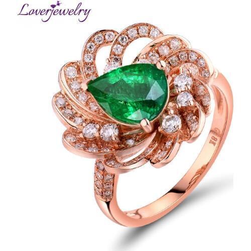 LOVERJEWELRY Women Emerald Ring Real 18K Rose Gold Flower Shape Jewelry 6x8mm Pear Cut Emerald Natural Diamond Engagement кольцо