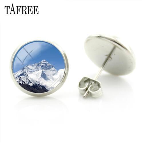 TAFREE Beautiful Landscape Art Picture Earrings Cabochon Rhodium Plated Mount Everest Scenery Snow Mountain Earring jewlery ZM30