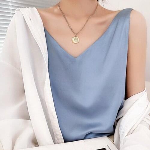 Summer Shiny Satin Silk Tshirt Women Harajuku T Shirt Women Sleeveless Fashion T-shirt Woman Tee Tops Casual Female Luxury Sexy