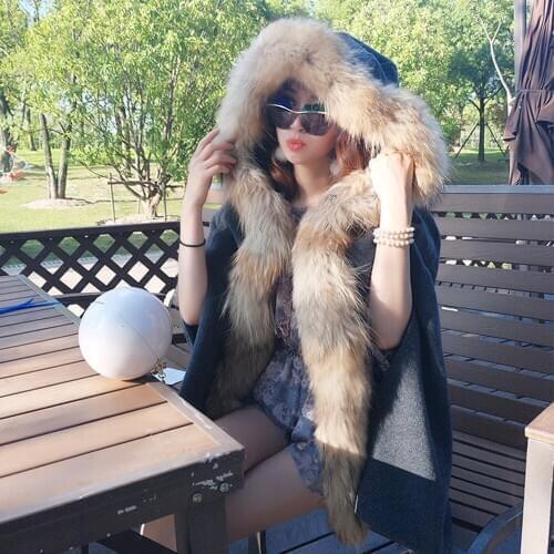 MAOMAOKONG raccoon fur collar wool cloak coat high quality spring and autumn cloak coat ladies clothing