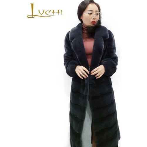LVCHI Winter 2019 USA Import velvet mink Fur Coat Turn-Down Collar Full Sleeve Real Natural Fur Wave Cut X-Long Slim Mink Coats