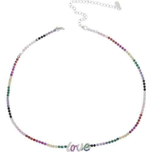 2021 Summer New Letter Words Charm Tennis Chain Necklace Rainbow Colorful Cz Bless Peace Happy Love Custom Letter Choker Jewelry