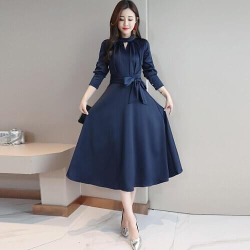 New spring and autumn womens clothing Korean style elegant fashion womens dress slim fit mid-length plus size bow long sleeve