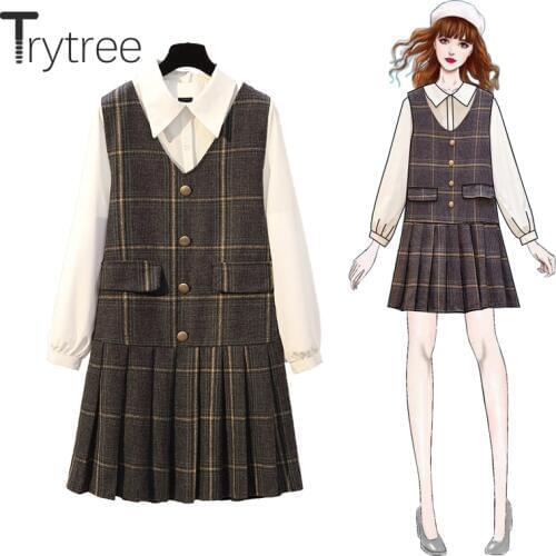 Trytree Autumn Winter Two piece set Casual Turn-down Collar Single Breasted Blouse + Dress Plaid Pleated A-line Set 2 Piece Set