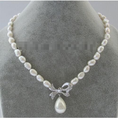 FREE shipping>>> >>> 17 " 9-12mm white baroque freshwater pearl necklace + butterfly 20mm shell pearl 6.07 6.08