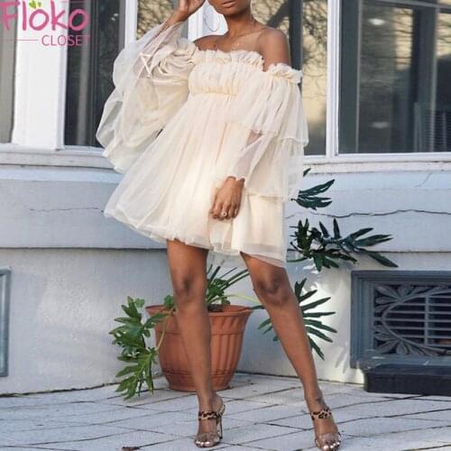 Flokocloset Sexy Off Shoulder Ruffle Mini Dress Women Slash Neck Elegant Sheer Long Sleeve Mesh Party Dress