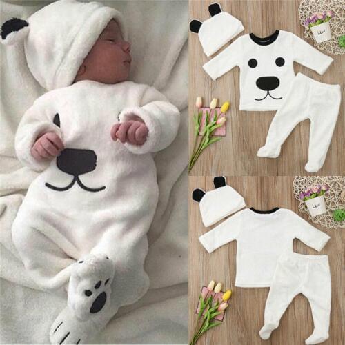 Newborn Baby Girls Boys Bear Fluffy Long Sleeve Top Long Pants Cap Outfits Set Warm Clothes 0-2Y