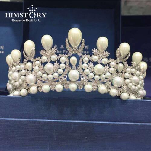 HIMSTORY Gorgeous Princess Crowns Wedding Tiaras Oversize Bridal Hair Accessories Zircon Cubic Pearls Hair Jewelry