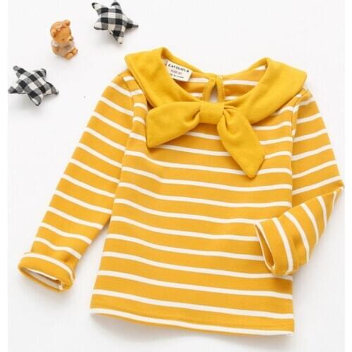Kawaii Girls T-shirts Navy Style Long Sleeve Striped New Baby T Shirt Solid Cotton Bowknot Tops Tees Ropa De Bebes Fall Costumes