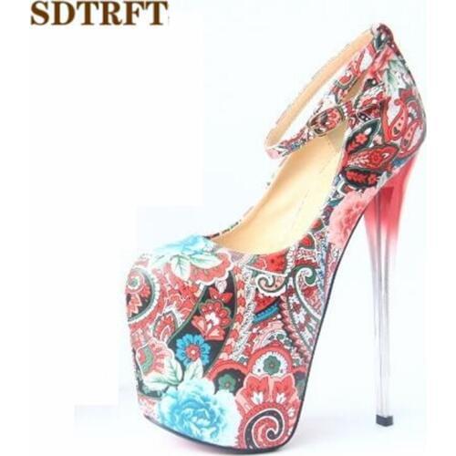 SDTRFT Crossdresser Flowers Printed 20cm thin high heels sexy club Buckle pumps wedding shoes Woman Stilettos Plus:35-45 46 47