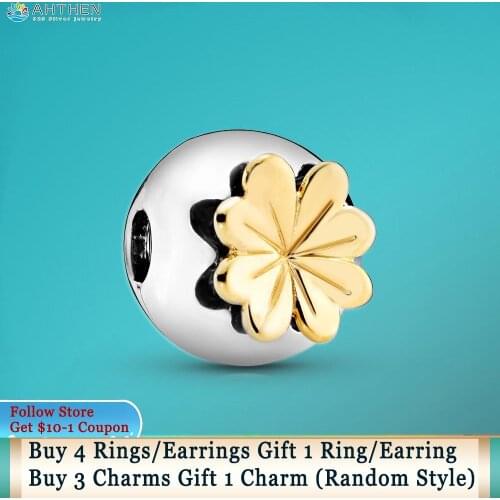 Ahthen 925 Sterling Silver Bead Shining Clover Clip Charms fit Original Pandora Bracelets for Women Jewelry Making Birthday Gift