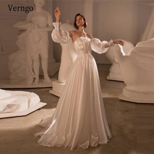Verngo 2021 New Design Silk Satin Wedding Dress Puff Long Sleeves Strapless Draped Pleats Sash Bride Gowns Korean Bridal Dresses