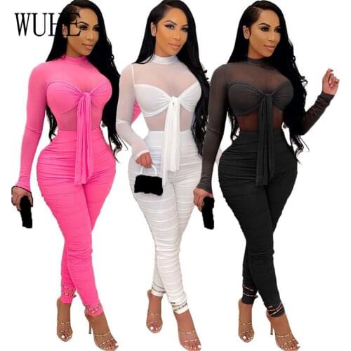 WUHE Mesh See Through Jumpsuits Pleated Lace Up Bandage Long Sleeve O Neck Bag Hip Tight Slim Party Club Sports Fitness Overalls