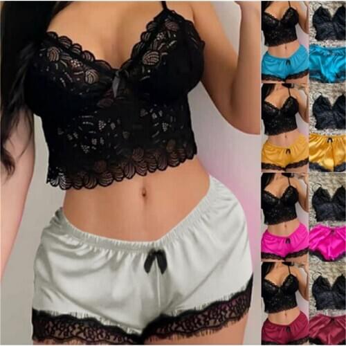 Womens Sexy Satin Vintage Sleepwear Lingerie Lace V-Neck Camisole Sleepwear Pijamas Femmes Seamless Underwear Nightwear