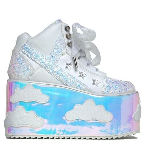 Womens Platform Sequins Shiny Star Moon Decor Ribbon Lace Up Wedge High Heel Muffin Thick-soled DIY Leather Shoes Black White