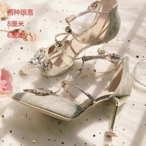 Summer womens 2021 new chain stiletto high heel sandals flat heel party dress crystal shoes sexy rhinestone bridal wedding shoe
