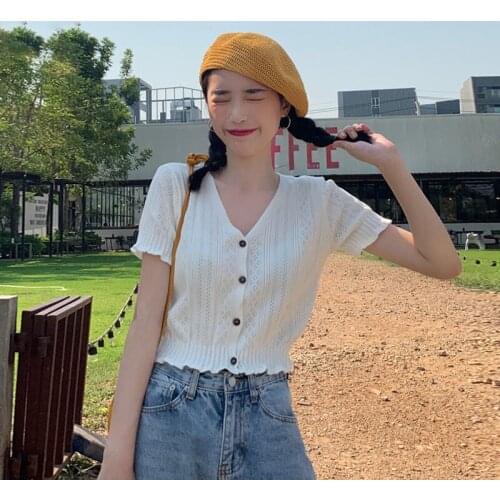 Woman TShirts Summer V-neck Hollow Knitwear Womens Short Sleeve Cardigan Top Crop Top Mujer Camisetas