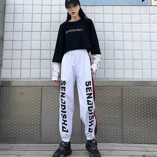 Women Casual Harajuku Loose High-Elastic Sports Drawstring Side Letter Print Leggings Feet Pants
