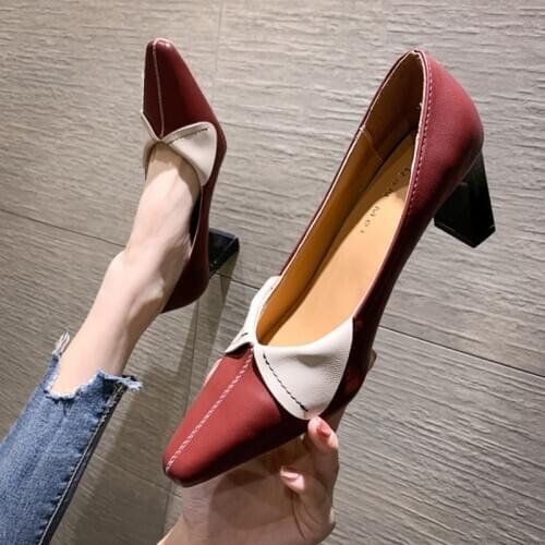 Womens high heels spring 2021 new pointed thick heel color matching leather shoes