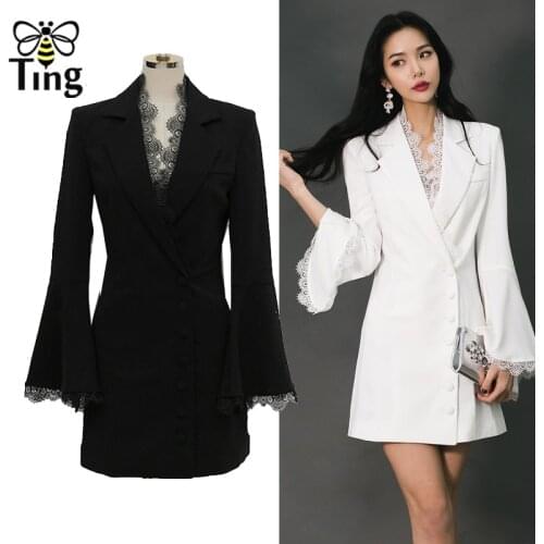 Tingfly 2021 New Designer Lace Patchwork Notched Women Blazers Coat Elegant Flare Long Sleeve Office Lady Work Blazers Outerwear