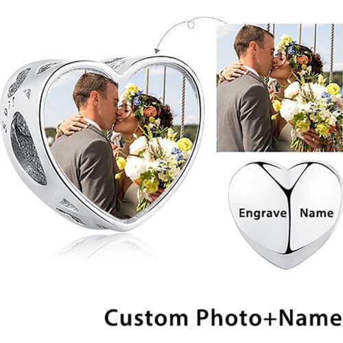 BELAWANG 925 Sterling Silver Love Heart Charm Custom Photo Beads Fit Bracelets Necklace Women Engrave Name Personalized Jewelry