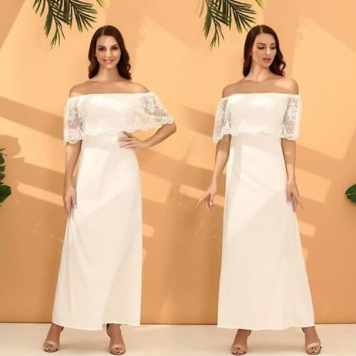 2022 Summer Elegant White High Waist Open Back One Line Shoulder Hook Flower Hollow Lace Dress Long Skirt Vestido