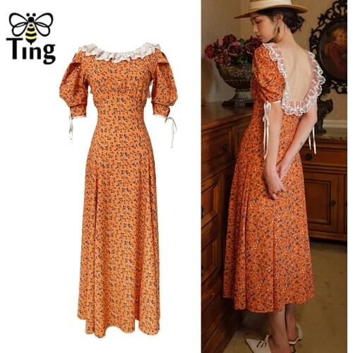 Tingfly Summer Women Sexy Open Back Lace Patchwork Floral Midi Long Dress Street Chic Designer Backless Dress Vestidos Boho