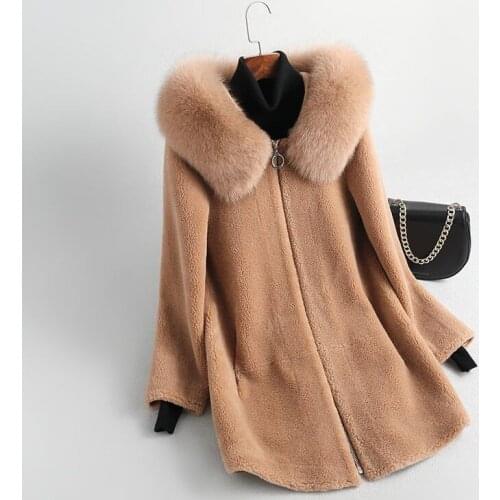 Women Autumn Winter Real Lamb Fur Coat Female Warm Fox Fur Collar Hooded Natural Sheep Shearing Wool Jacket Ladies Outwear Y818