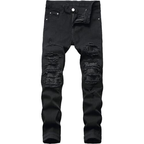 2021 New Mens PU leather patchwork ripped biker jeans Streetwear pleated stretch denim pencil pants Blue Black