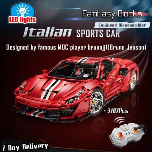 CADA Brick 3187Pcs Building Blocks,Red Electric Remote Control Dynamic Model,Sport Italian Super Car 488Pista 1:8 Ratio DIY Gift