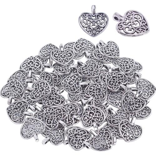 Pack of 50 Silver Beads DIY Heart Charms Pendants Bracelet Necklace Jewelry Making Accessory