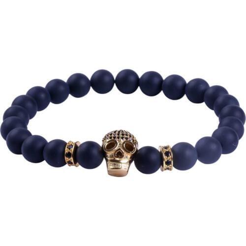 24K Gold Skull Bracelet 8mm Natural Black Matte Onyx Stone CZ Beaded Energy Bracelet for Men Jewelry Pulseira Masculina 2018