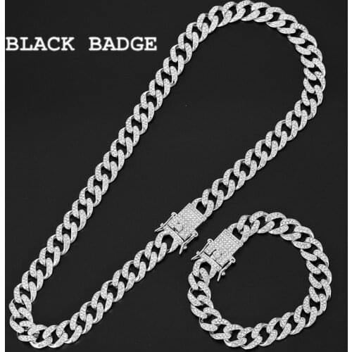 Iced Out Bling Rhinestone Golden Miami Cuban Link Chain CZ Necklace Mens Hip Hop Necklaces Bracelets Set for Men Drop Shipping