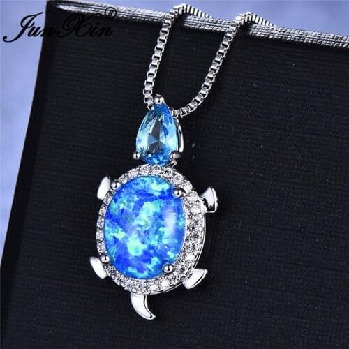 JUNXIN 2019 New Fashion Cute Turtle Pendant Necklaces For Women White Gold Filled Pear Rainbow Zircon Oval Birthstone Choker