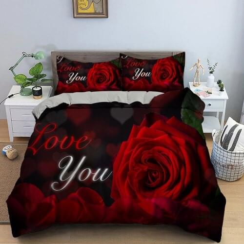 Valentines Day Flower Red Rose Bedding Set Luxury Comforter Duvet Covers Pillowcases Bed Cover Sets King Queen Single Twin Size