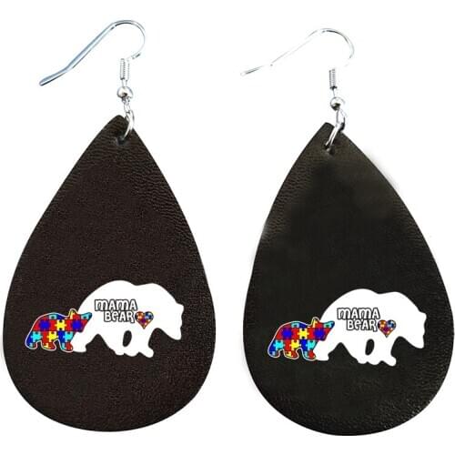 Autism Leather Earrings Baby Bear And Mother Bears Hear Show Teardrop Earrings Stock