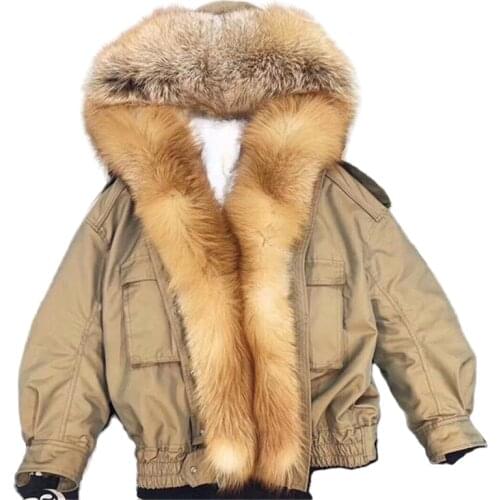 Winter Short Parka Jacket Natural Lamb Wool Fur Liner Women Coats Red Fox Fur Collar New Winter Female Real Fur Bomber Jacket