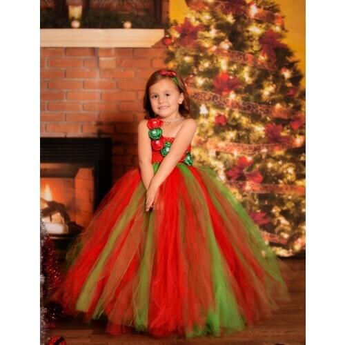 POSH DREAM Flower Red and Green Christmas Children Tutu Dress for Evening Party Flower Rhinestone Couture Kids Girls Tutu Dress