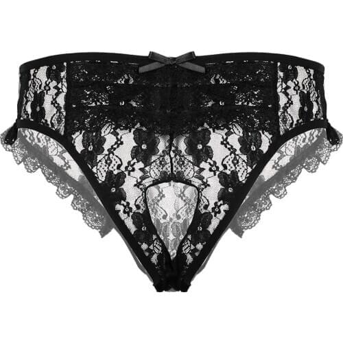 Mens Sissy Briefs Sheer Floral Lace Lingerie Low Rise Sexy Nightwear Back with Hole Crotchless G-string Underwear for Couple