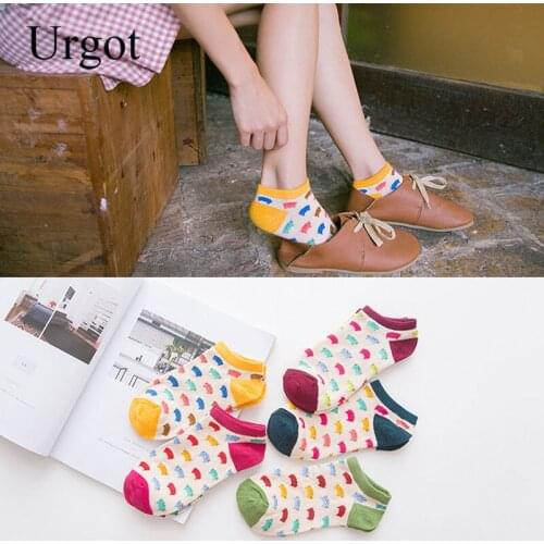 Urgot 5 Pairs Womens Candy Color Ankle Socks Kawaii Cat Pattern Low Tube Socks Women Cotton Casual Summer Autumn Sock Girl Meias