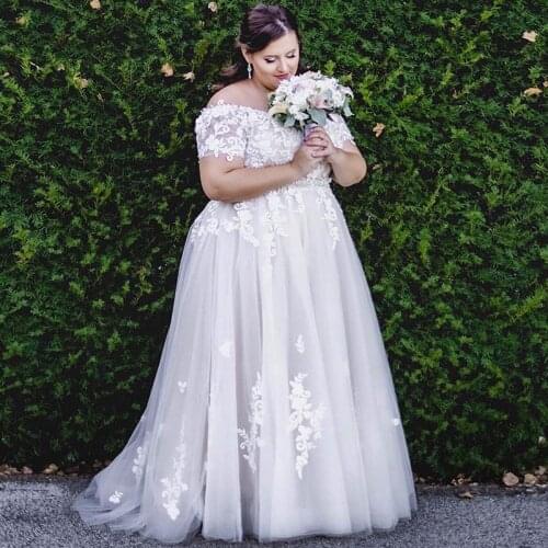 Latest Charming Plus Size Wedding Dresses White Off Shoulder Sleeves Lace Wedding Gowns Back Out Bridal Dresses Beaded Belt 2021