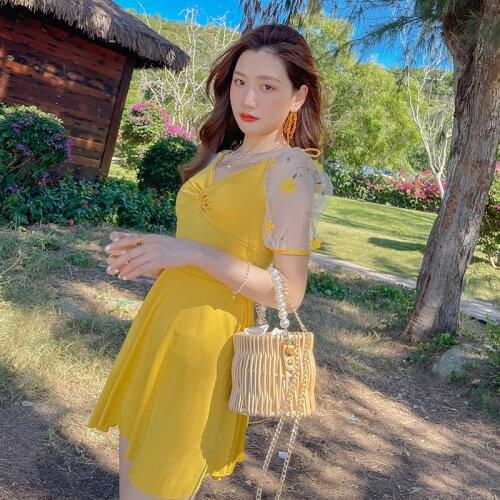 2021 New Korean Style Swimming Suit Women Push Up Mesh Swimsuit Short Sleeve Ladies Swim Dress One Piece Skirt Bathing Suiy