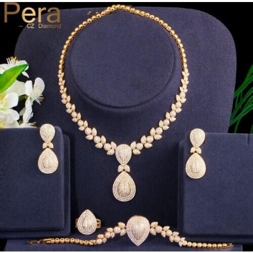 Pera Noble 4Pcs Dubai Gold Color Cubic Zirconia Water Drop Necklace Earrings Set Luxury Wedding Party Jewelry for Bride J328